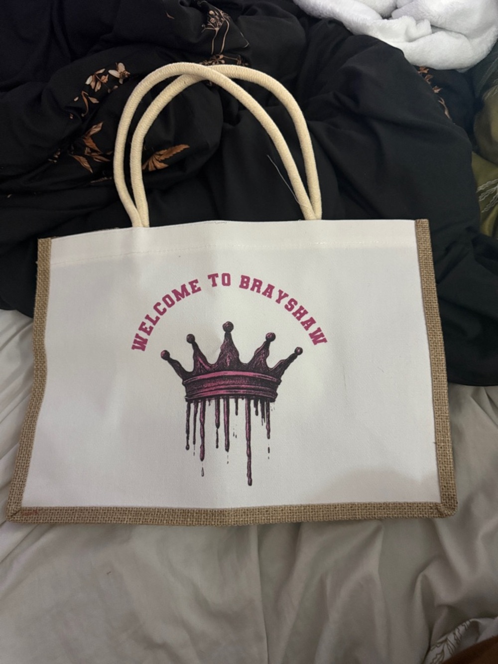 White Canvas Tote Bag with Pink Crown Brayshaw Graphic